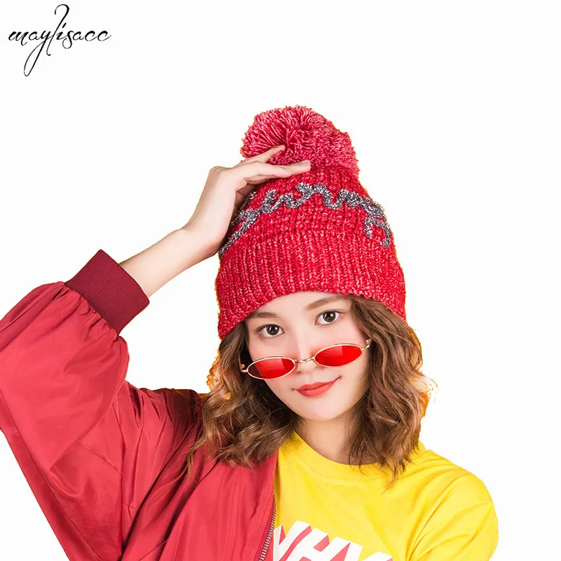 

New Autumn and Winter Double-layer Thickened Knitted Cap Maylisacc Korean Style Fashion Casual Winter Hats for Women Pompom Hat