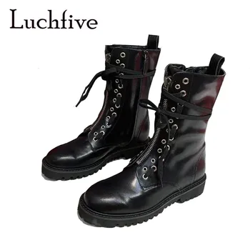 

Genuine Leather Black Ankle Boots Front Zipper Boots Round Toe Chunky Sole Combat Shoes Winter Street Fashion botas de mujer