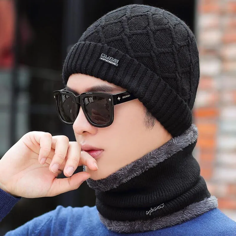 Брендовая Зимняя шляпа вязаная шапка шарф Skullies Beanies мужские зимние шапочки для мужчин и женщин Gorras шерстяной берет маска мужская шапка Кепка - Цвет: Hat scarf black
