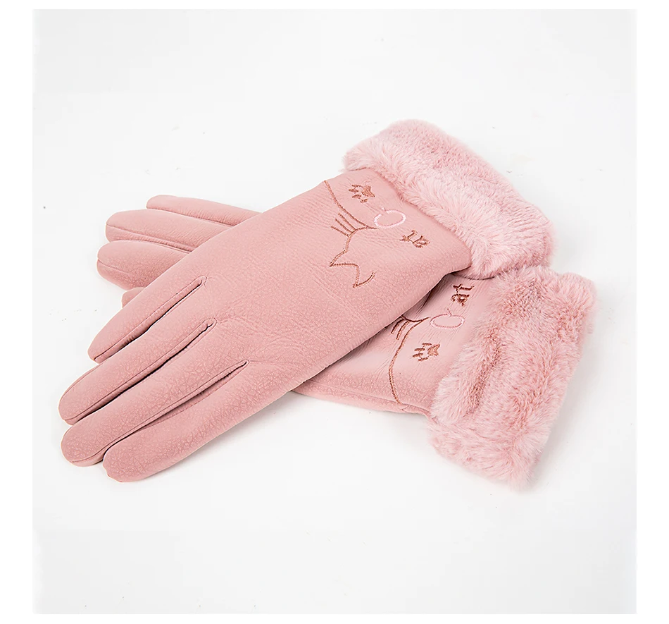 Зимние женские перчатки с сенсорным экраном, водонепроницаемые кожаные перчатки с принтом, теплые плотные бархатные перчатки на весь палец