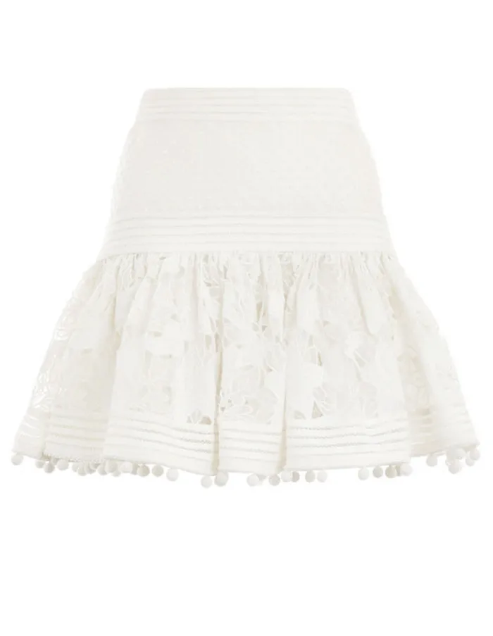 Spring Designer New Arrival Long Sleeve Hollow Out Ruffles White Shirt Lace Mini skirt 2 Pieces Set Blouse Top Short Skirt