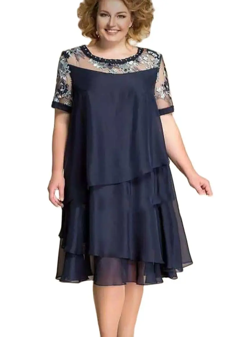 New Style African Women's Clothing Fashion Stylish Lace Chiffon Stitching Round Collar Nail Bead Leisure Commute Loose Dresses