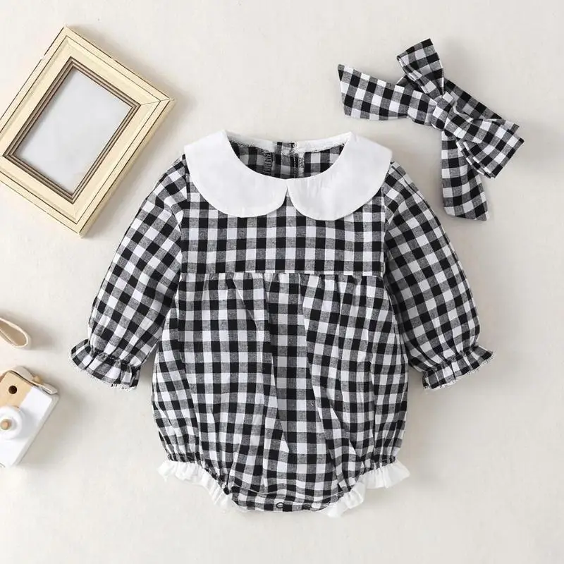 Cute Autumn Baby Girl Clothes Set 2pcs High-quality Soft Surface Breathable Bowknot Plaid Lotus Collar Lace Romper Headband