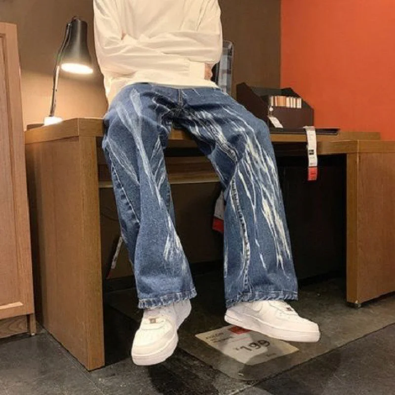 ICCLEK Tie-dye Black Jeans Men's Fall Loose Straight-leg Pants High Street Wide-leg Trousers Jeans for Men  Men Skinny Jeans