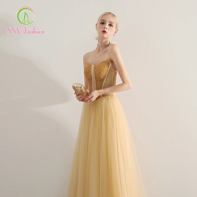 SSYFashion New Elegant Prom Dress Luxury Gold Sequins Beading Strapless Sleeveless A-line Long Party Prom Dress Robe De Soiree
