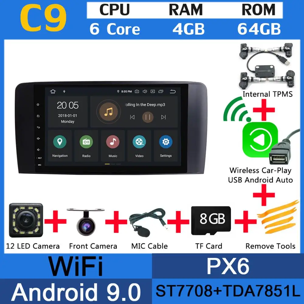 " PX6 4G+ 64G Android 9,0 автомобильный мультимедийный плеер для Mercedes Benz R Class W251 R280 R300 R320 R350 gps Радио Стерео CarPlay DSP - Цвет: PX6 Wl CarPlay TPMS