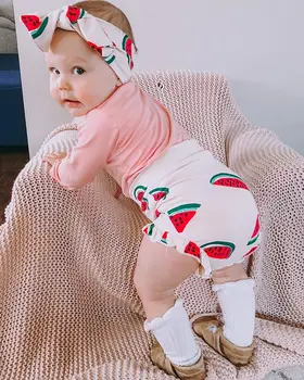 

Three Piece Baby Girl’s Clothes Solid Color Long Sleeve Jumpsuit High Waist Short Pants with Headband