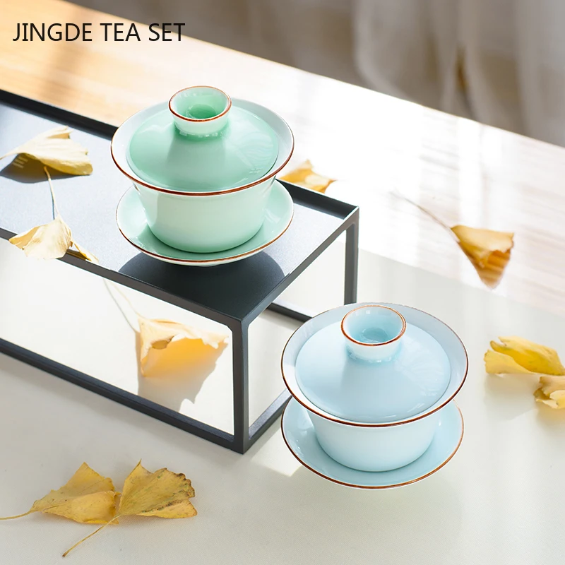 Chinese Ceramic Small Fish Gaiwan Teacup Travel Tea Bowl Handmade Celadon Teaware Accessories Drinkware Personal Cup 140ml
