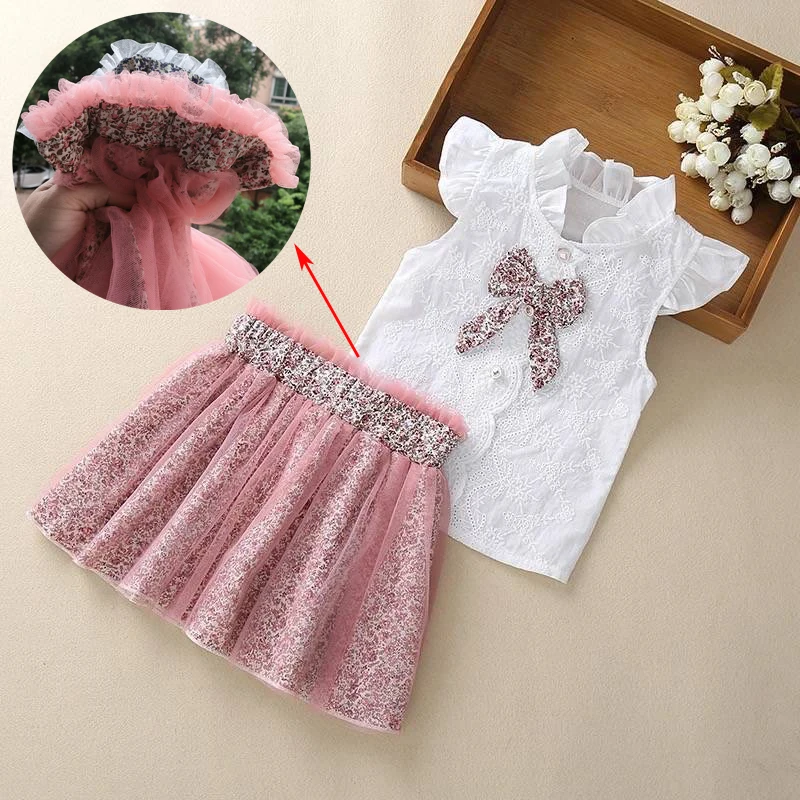 MERI AMMI 2 PCS Children Girl Clothing Outfit Set Sleeveless Floral Tee +Flower Skirts For 2-13 Year Kids