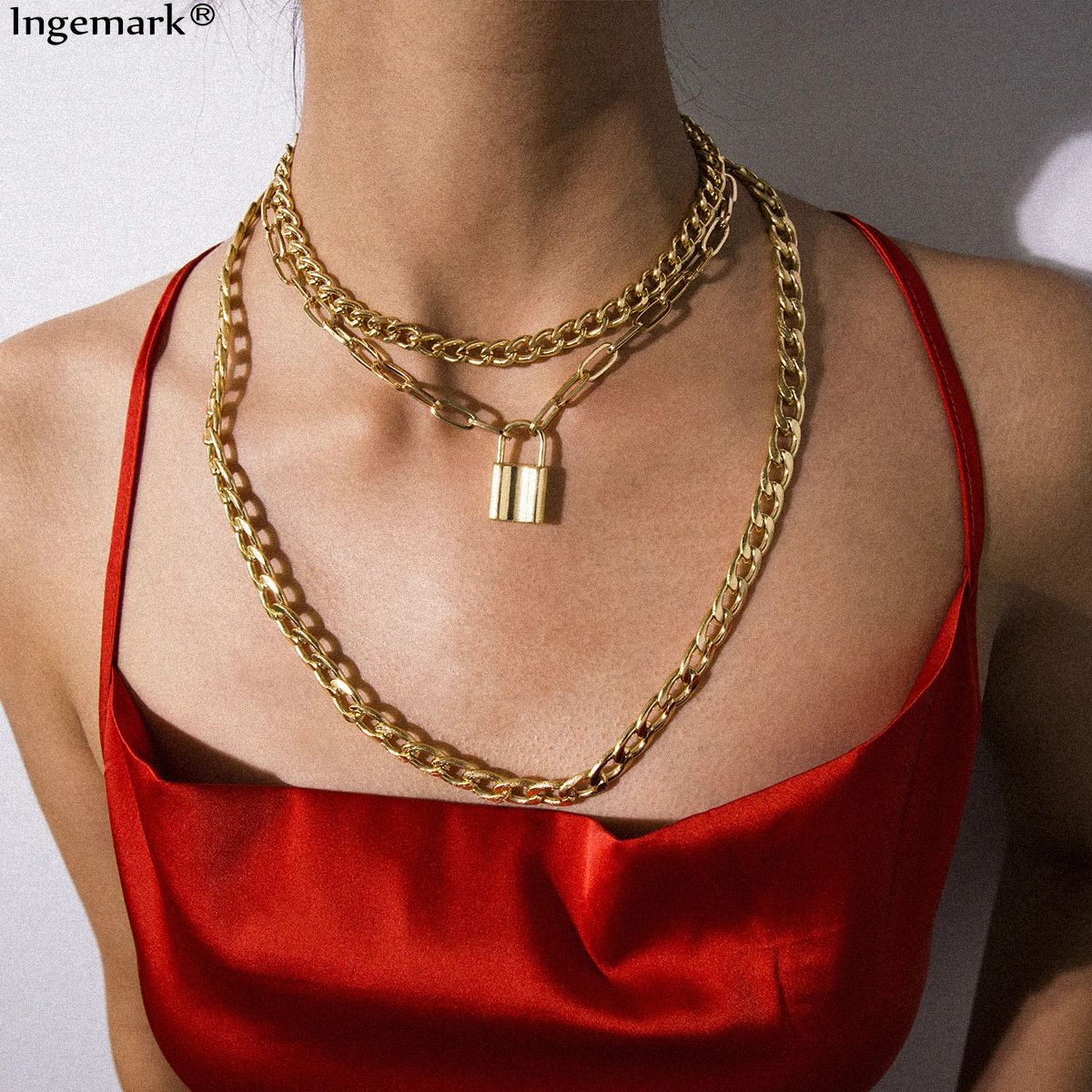 

Punk Cuban Big Chunky Chain Necklace Collar Statement Multi Layer Lock Padlock Pendant Choker Necklace Steampunk Couple Jewelry