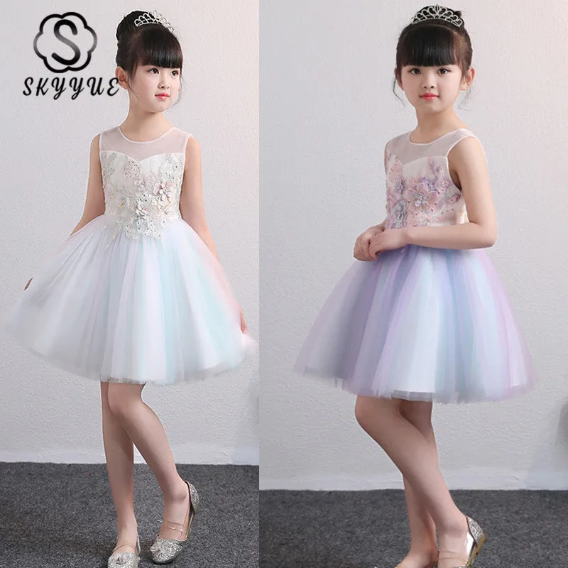 

Skyyue Flower Girl Dresses for Wedding O-neck Lace Embroid Beeding Tulle Ball Gown Kid Party Communion Dress O-Neck 2019 BX2811