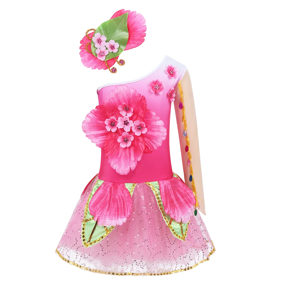 Children Kids Girls One Shoulder Long Sleeves 3D Flower Mesh Tutu Dress with Headwear Modern Dance Salsa Ballroom Costume Set |