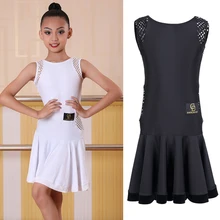 Новые латинские платья для детей, одежда для латинских танцев, черное/белое платье без рукавов для танцев, Чача Румба, платье для латинских танцев для девочек, BL2493