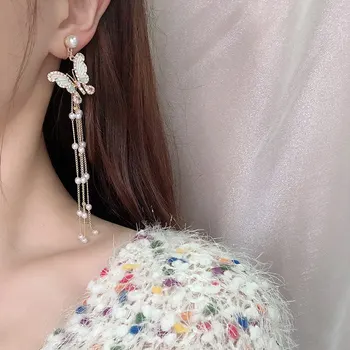 

MENGJIQIAO New Fashion Elegant Butterfly Pearl Tassel Drop Earrings For Women Shiny Rhinestone Choker Colares Party Necklace Set
