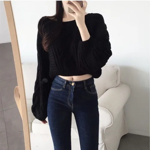 black pullover Neploe Pull Femme свободная короткая перекрестная вязка Топы Женские однотонные цветной фонарь свитер с длинными рукавами женские корейские модные новые уличные - Цвет: black pullover