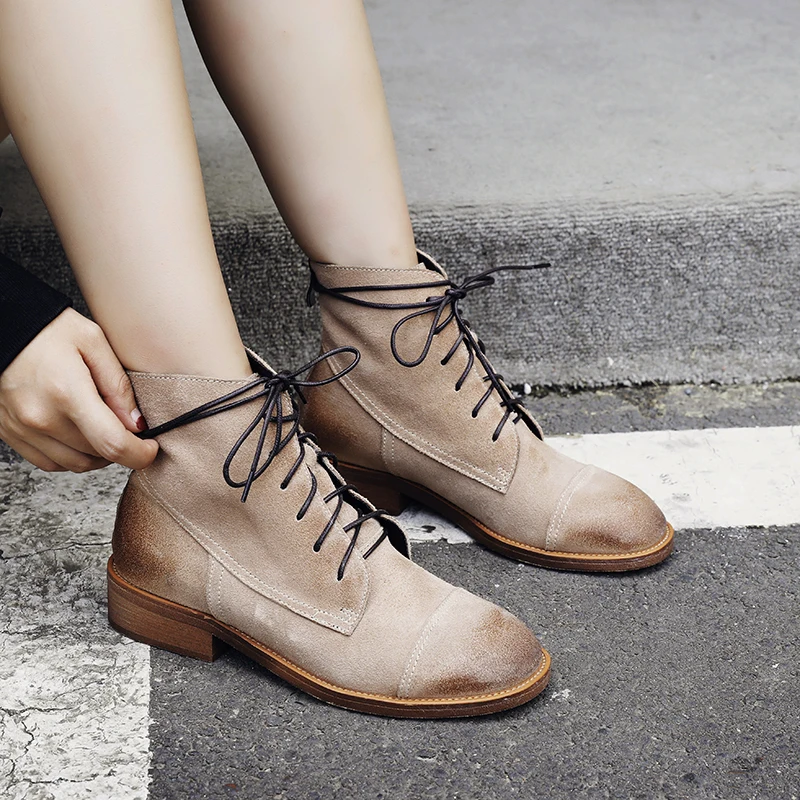 leather Motorcycle ankle Boots woman Corss-tied low heels Ladies casual Shoes Woman Genuine Leather Boots size 41 42 43 44