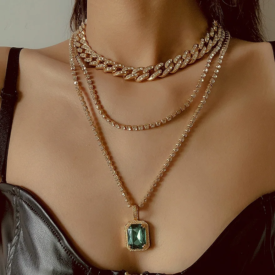 

Women Hip Hop Multi Layers Chain Necklace Copper Rhinestone Green Crystal Pendant Necklace Charm Collar Retro Punk Rock Jewelry