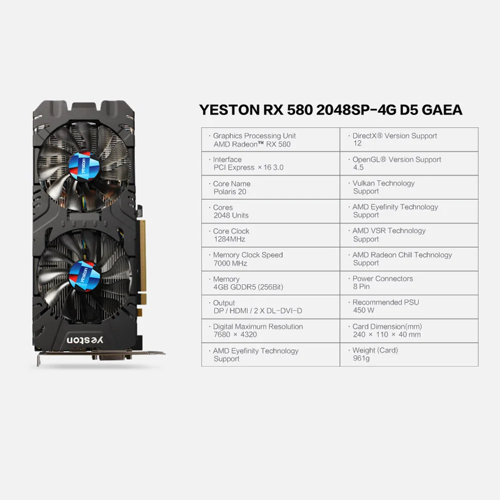 Видеокарта Yeston Radeon Gaming PC RX 580 GPU 4 ГБ GDDR5 256bit видеокарты Поддержка сигнала от DVI/HDMI PCI-E X16 3,0
