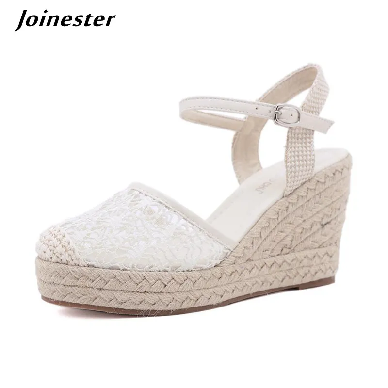 

Women Summer Wedge Pumps Lace Air Mesh Sandals Ladies Ankle Strap Fisherman Sandal chaussure femme Straw Braided Female Wedges