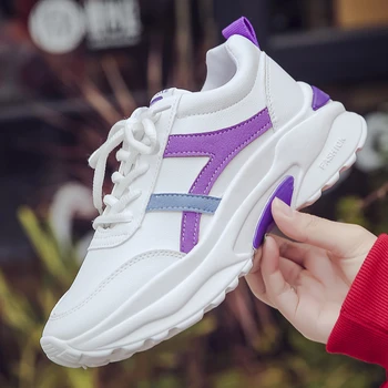 

2020 Women Chunky Sneakers Korean Fashion 5cm Woman Female White Lace-Up Leather Platform Sneaker Womens Casual Shoes Spring