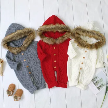 

Winter Baby Boy Girl Sweater Jumpsuit Children Winter Hooded Knit Faux Fur Collar Warm Jumpsuit Clothes Kombinezon Dziecko