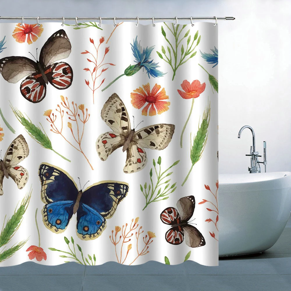 Flower Butterfly Shower Curtains Bathroom Curtain Waterproof 3d Print Leaves Bath Polyester Fabric 12 Hooks 180*180cm | Дом и сад