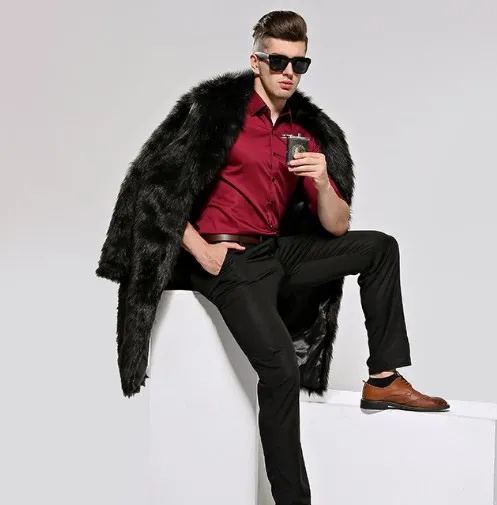 Высококачественная Черная лохматая мужская длинная шуба из искусственного меха уличная винтажная зимняя теплая шуба размера плюс шуба из искусственного меха Верхняя одежда FW146