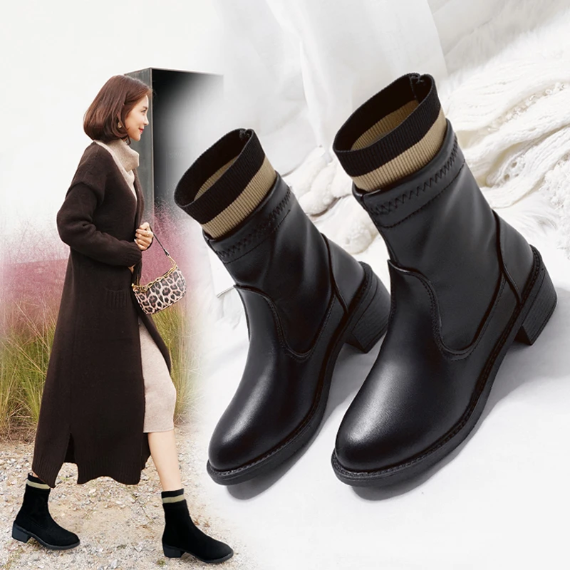 Новые зимние сапоги женская обувь до середины икры Женская в полоску удобная без