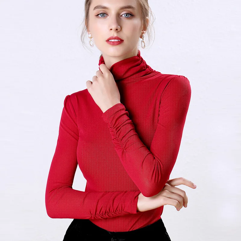 Водолазка корейская мода рубашка повседневная женская тонкая женская рубашка с длинным рукавом Женские топы одежда красный серый хаки - Цвет: Красный