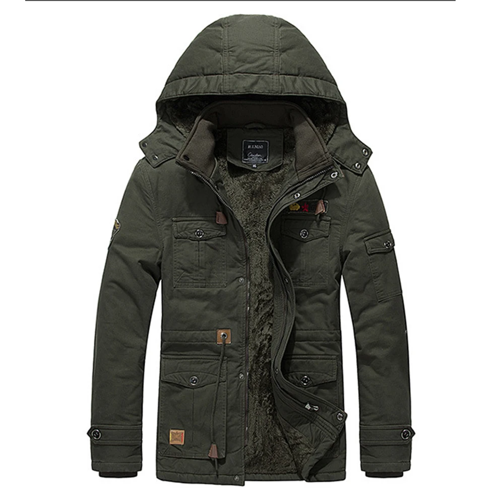 

Puimentiua New Fashion Brand Winter Jacket Men's Plus Velvet Warm Hooded Tooling Wind Wash Tactical Jacket Men's Coat Plus Size