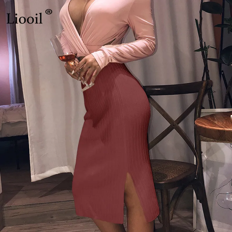 Liooil вязать сексуальный разрез Bodycon Миди юбка женская Осень Зима Высокая талия эластичный фестиваль низ вечерние Клубные узкая-карандаш - Цвет: Коричневый