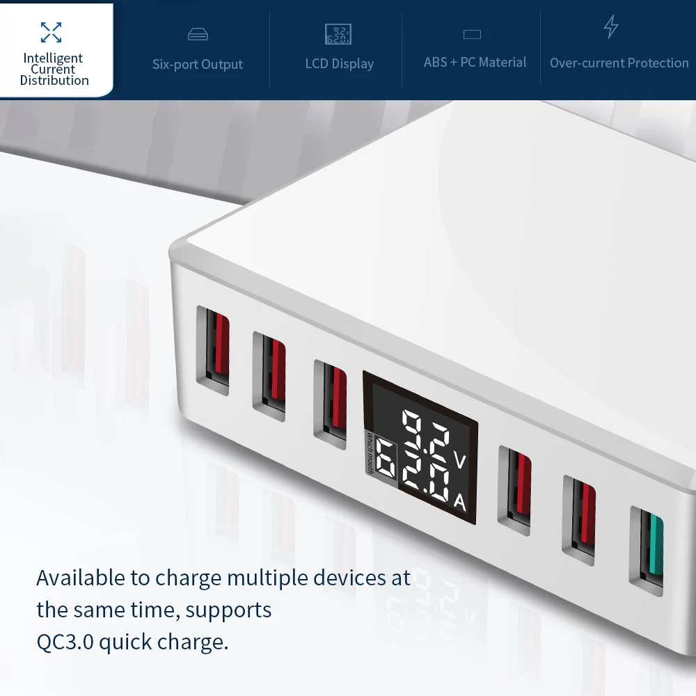 WLX-T9+ интеллектуальное многопортовое USB быстрое зарядное устройство адаптивный ЖК-дисплей шесть портов портативная Быстрая зарядка QC 3,0 100-240 в ЕС вилка