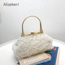 Маленькая женская сумка из искусственной шерсти на застежке, новинка, зимняя Корейская сумка-мессенджер из кудрявого меха, Женская шикарная дизайнерская сумочка с золотыми металлическими ручками