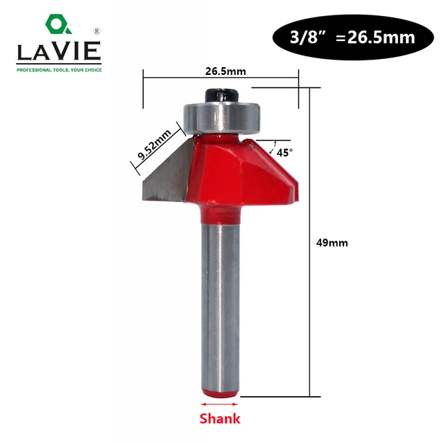 LAVIE 1pc 6mm 6.35mm Shank 45 Degree Chamfer Router Bit Edge Forming Bevel Woodworking Milling Cutter for Wood Bits MC01130 26.5mm