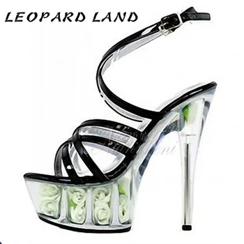 

LEOPARD LAND 15cm Heels Model Walk Show High Heels Transparent Waterproof Platform Sexy Hollow Crystal Sandals Female LYP
