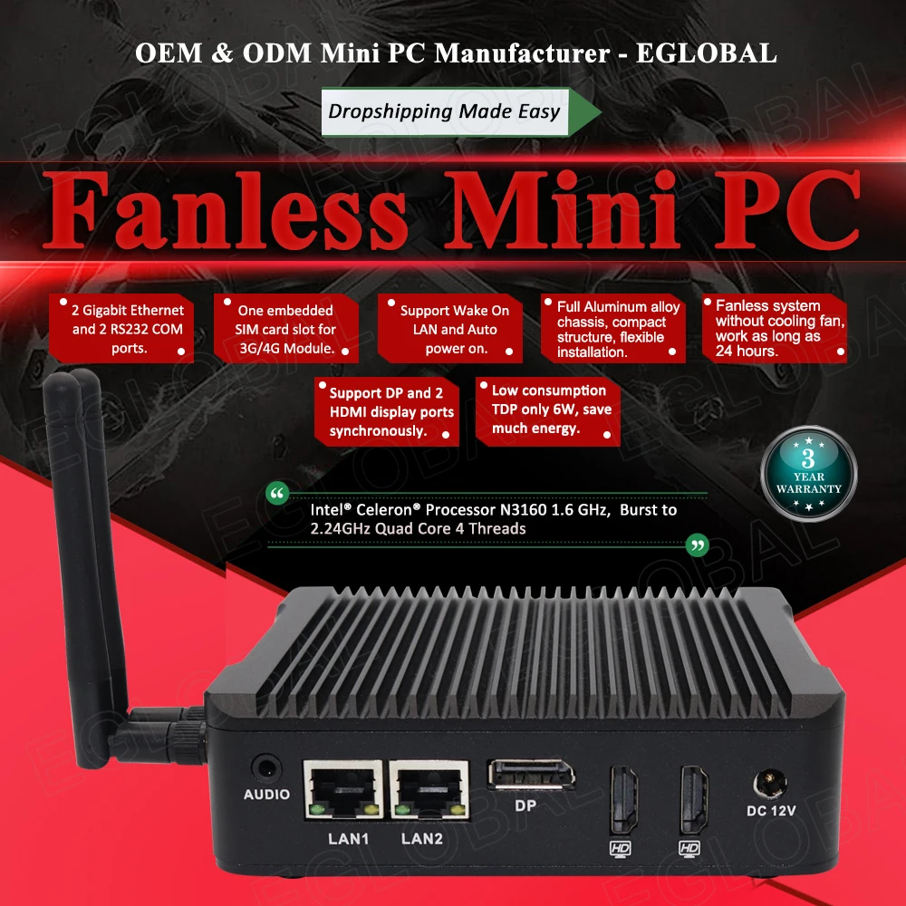 Topton Intel celeron N3160 quad core Безвентиляторный мини ПК 2 * Lan COM с видеокартой HD 4K HTPC TV корпус