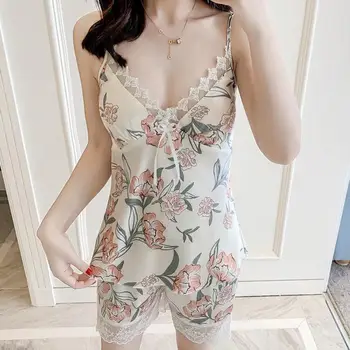 

Print 2PCS Sleep Set Pajamas Sleepwear Sexy Lace Strap Top&Shorts Lady Satin Silky Intimate Lingerie Pyjamas Suit Casual Gown