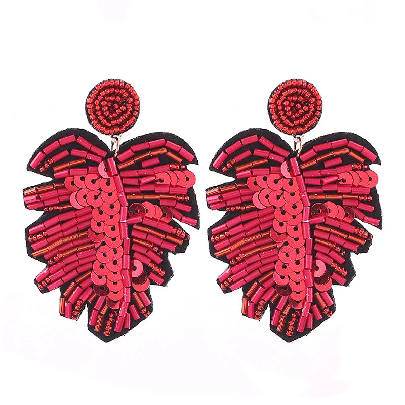 Boho Handmade Beaded Jewelry Leaf Pendant Earrings for Women New Design Wedding Jewelry Korean Drop Dangle Earring Red 3