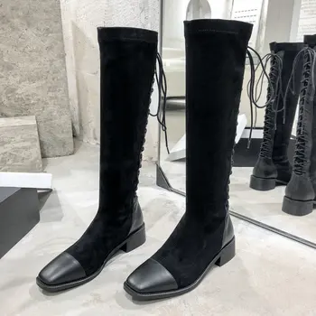 

Patchwork Genuine Leather Female Riding Boots med Heels Women Knee High Boots Winter autumn Long Boots Party Shoes Woman