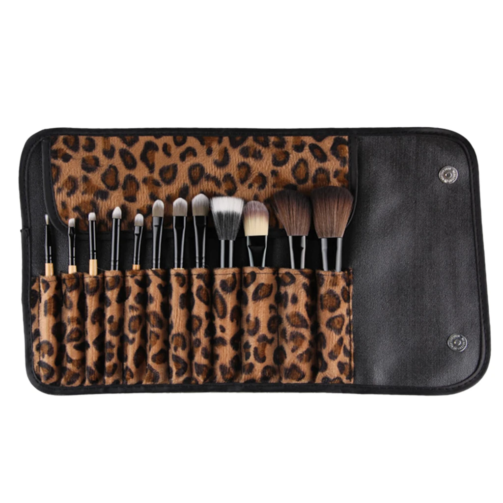 12 WOOD Makeup Brush Set Kabuki Foundation Eyeshadow Kit + Leopard Print Bag