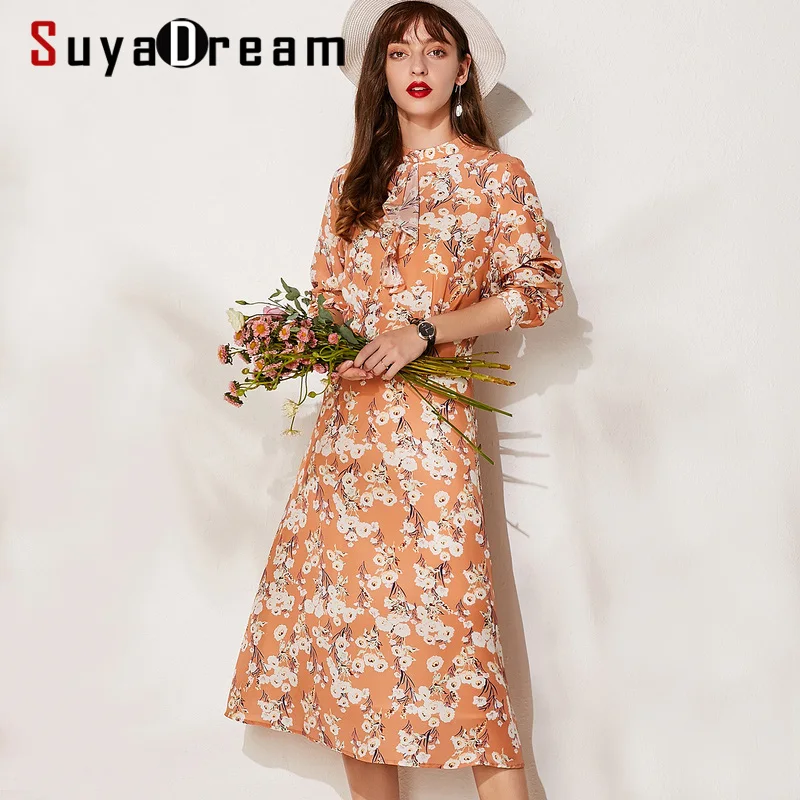 Платье SuyaDream женское длинное с цветочным принтом 100% шелк креп длинные рукава