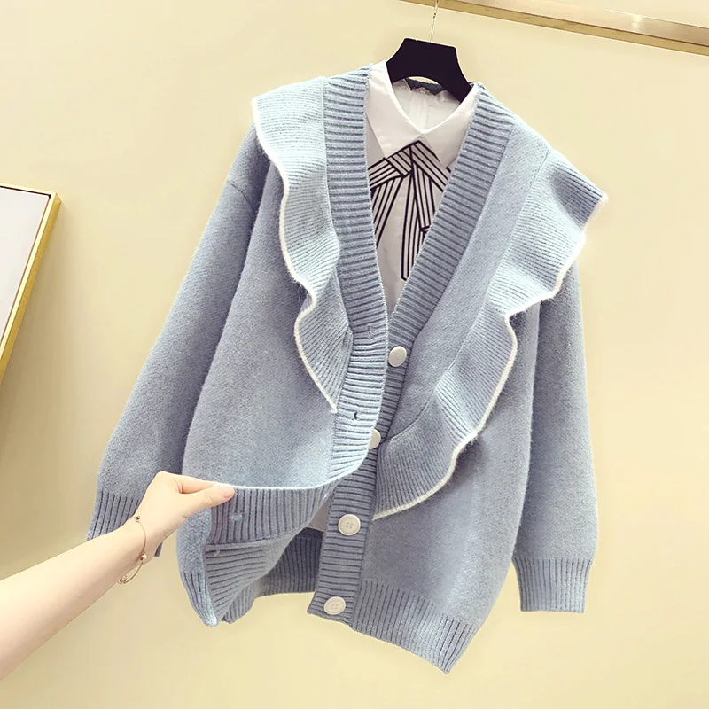 ruffles women sweater and cardigan autumn new solid knitted thicken warm office lady elegant outwear coat tops