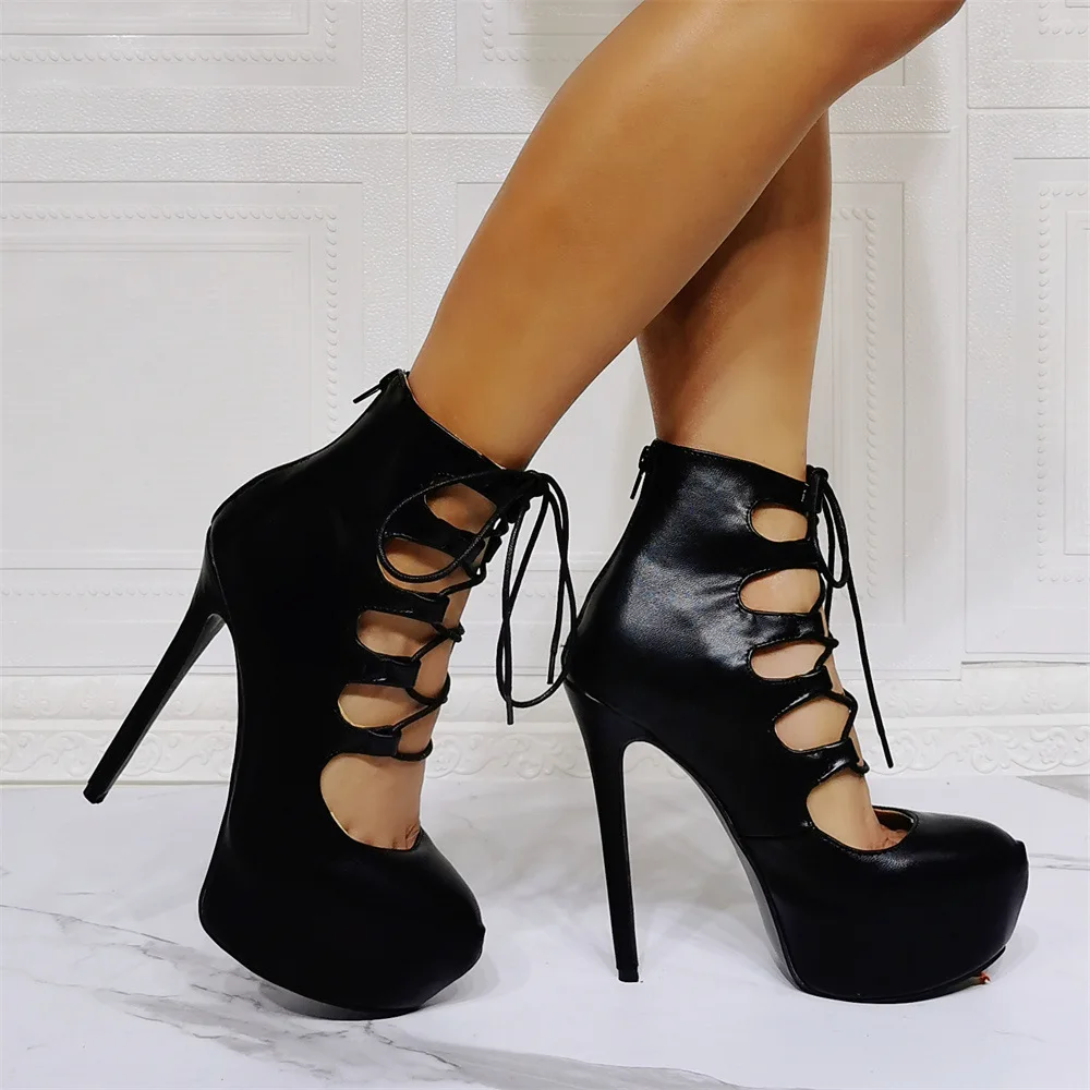 Kolnoo New Hot Style Womens High Heel Pumps Sexy Platform Crisscross Shoelace Faux Black Leather Evening Fashion Court Shoes