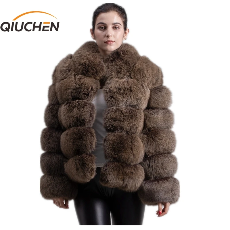 Женская зимняя шуба из натурального Лисьего меха с воротником стойкой|real fox fur