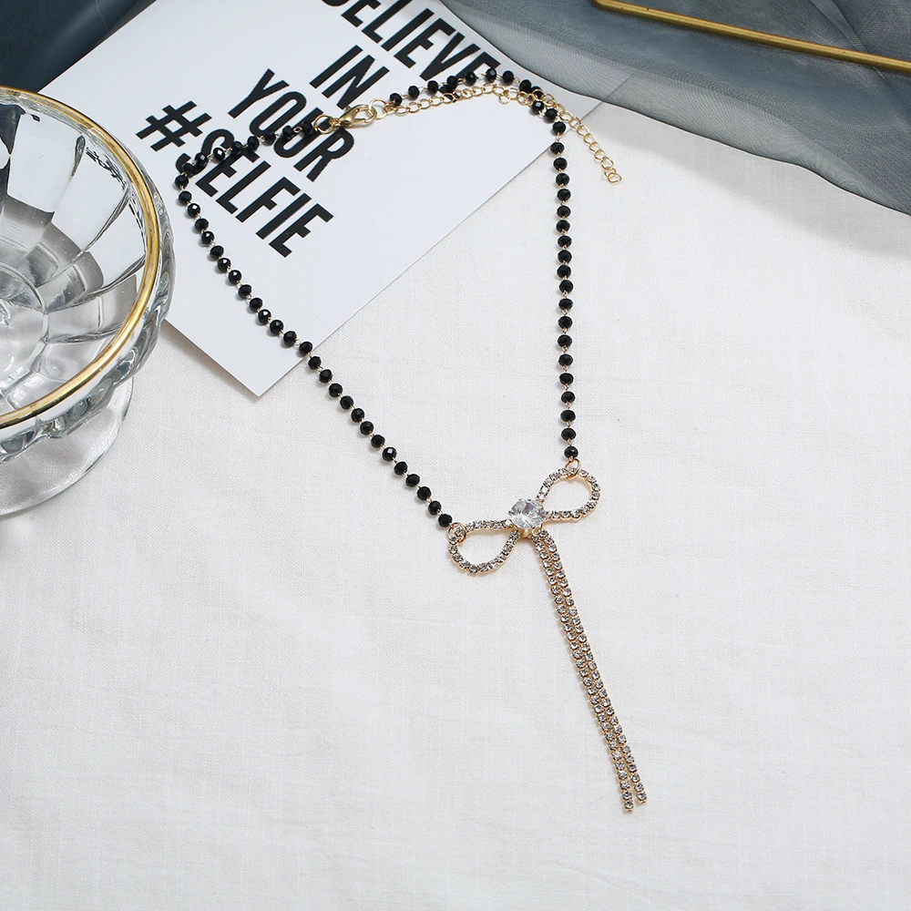 Модные ожерелья и кулоны для женщин Collier Femme, Винтажное колье с бантом и черным бисером для женщин, Жемчужное ювелирное изделие, подарок