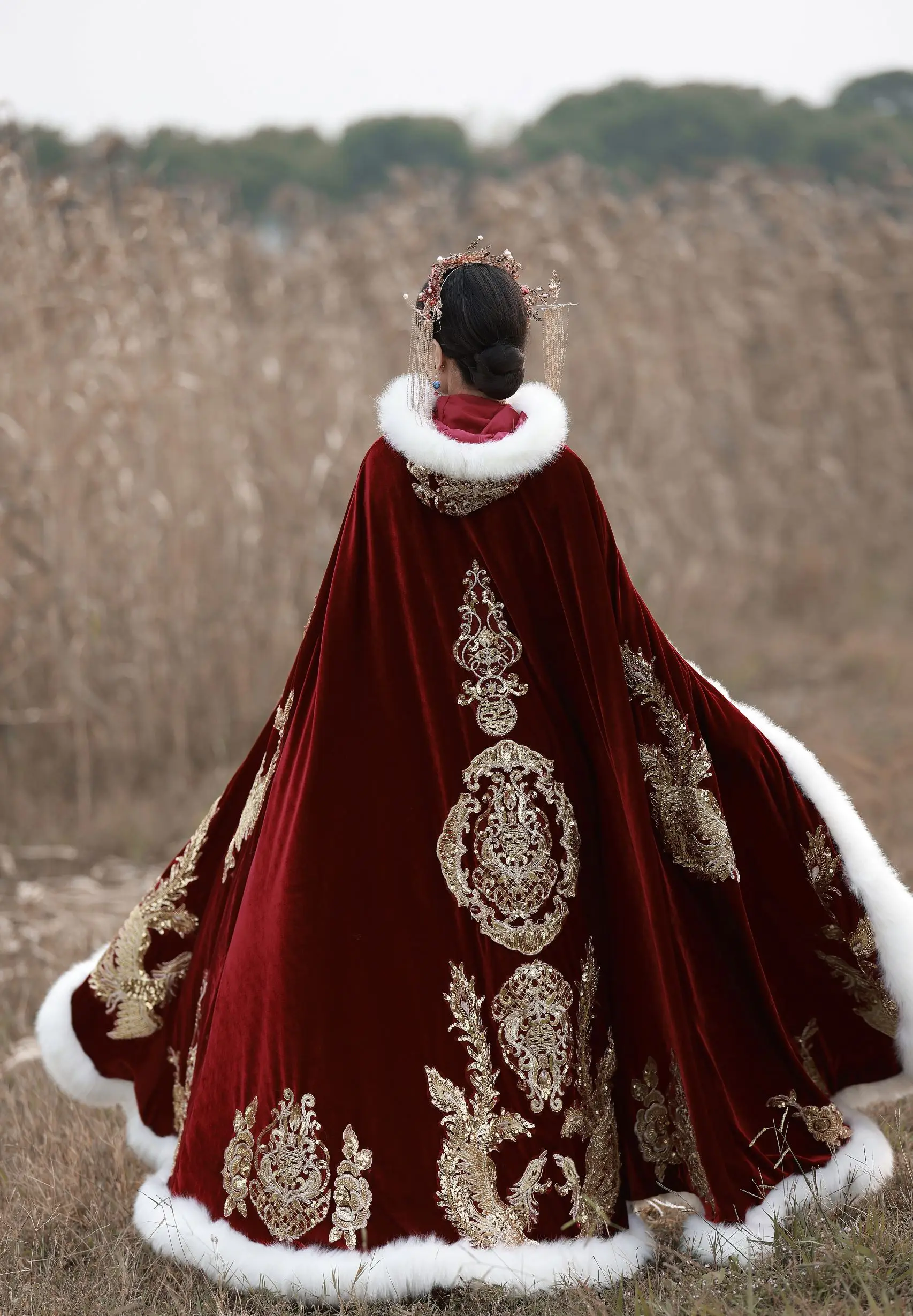 Winter Long Warm Bridal Wrap with Gold Embroidery Dark Red Wedding Cloak  Velvet Cape for Bride - AliExpress