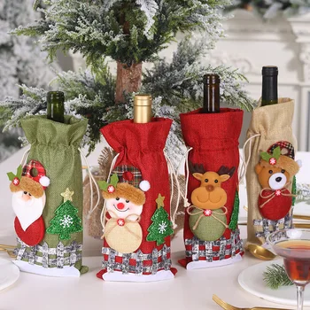 

30*14cm Christmas Wine Bottle Cover Santa Snowman Elk Bear Wine Bottle Bag Linen drawstring Case For Champagne New Year Gift
