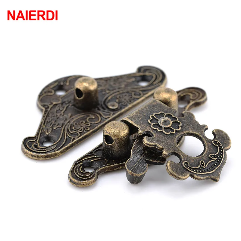 NAIERDI 4pcs 골동품 청동 Hasp 래치 쥬얼리 나무 상자 잠금 미니 캐비닛 버클 케이스 잠금 장식 핸들 3 크기