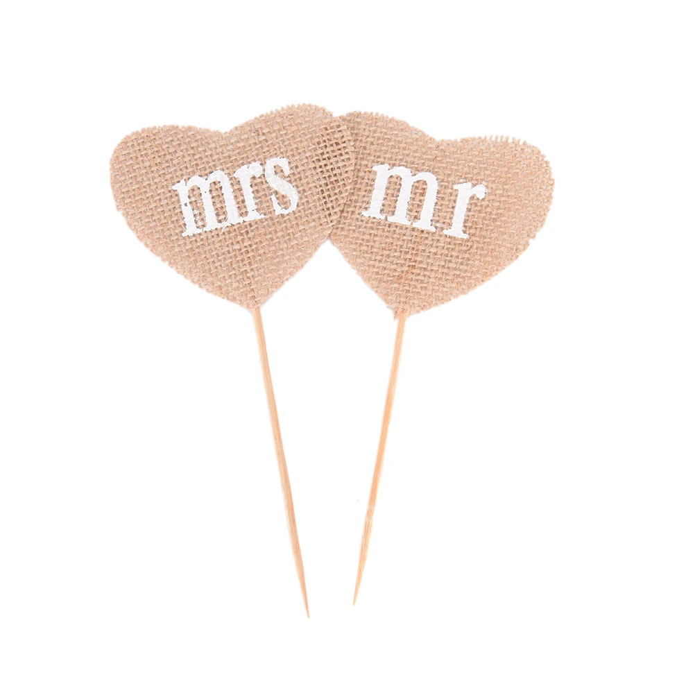 as picture 2 шт. DIY Mr Mrs в декорированном мешковиной горшке украшения флажки сувениры украшение торта аксессуары Милая винтажная простая для свадебного баннер-гирлянда знак на вечринке - Цвет: as picture