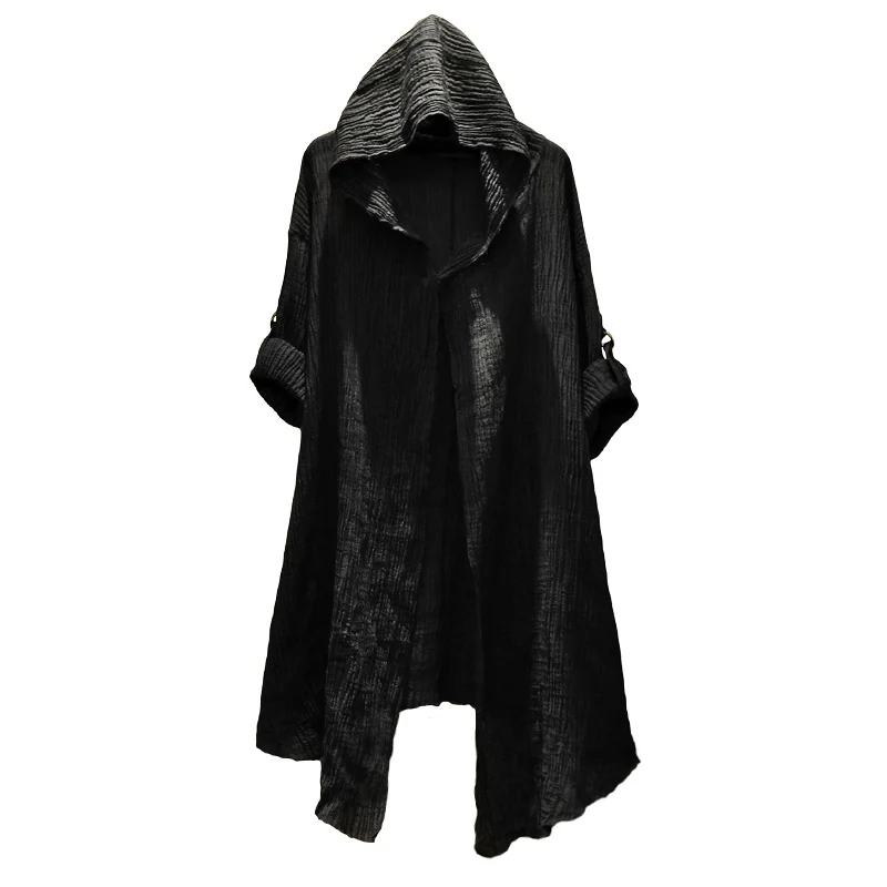 Trench Coat Mens Trench Unisex Casual Open Stitch Hooded Long Cloak Cape Coat Hip Hop Men Solid Loose Trenchcoat
